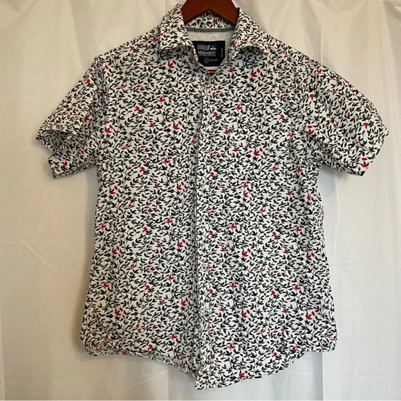 MONUMENT Men’s Cotton Button Down Short Sleeve Grey Red Leaf Small - Picture 1 of 14